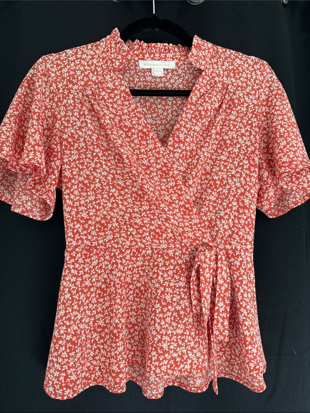 Monteau Coral Red Floral Wrap Peplum Blouse